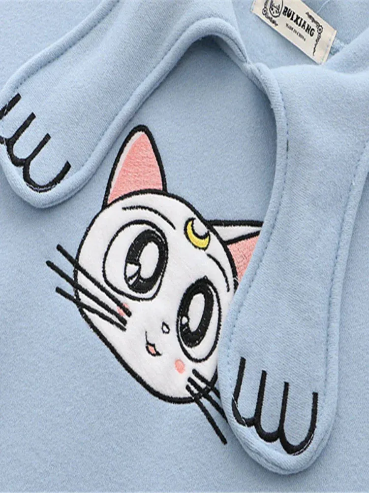 Metaversmall Women's Hoodies Sweatshirt With Ears On Hood Cat Embroidery Cute Harajuku Fleece Hoodie Hooded Clothes Pullovers