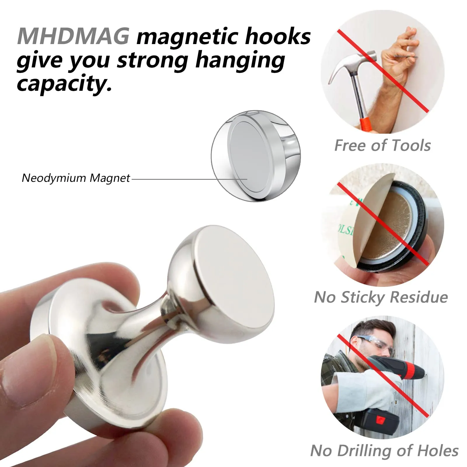 MHDMAG 140LBS Coat Magnetic Hooks, Heavy Duty Magnet Hanger, Magnetic Push Pins with Rare Earth Neodymium for Home, Office, Workplace or Traveling. Pack of 2.