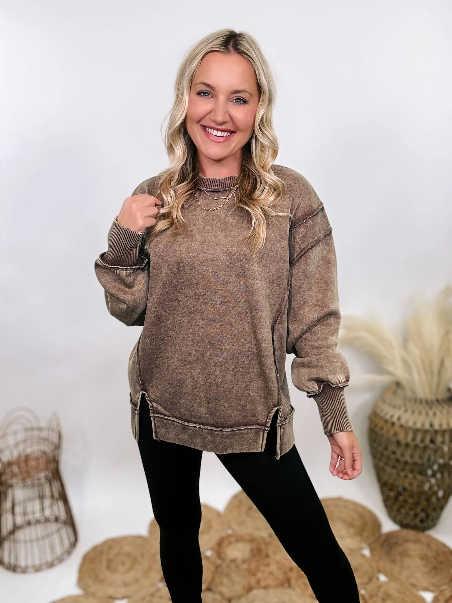 Mocha Brown Acid Washed Exposed Seam Fleece Sweatshirt Pullover