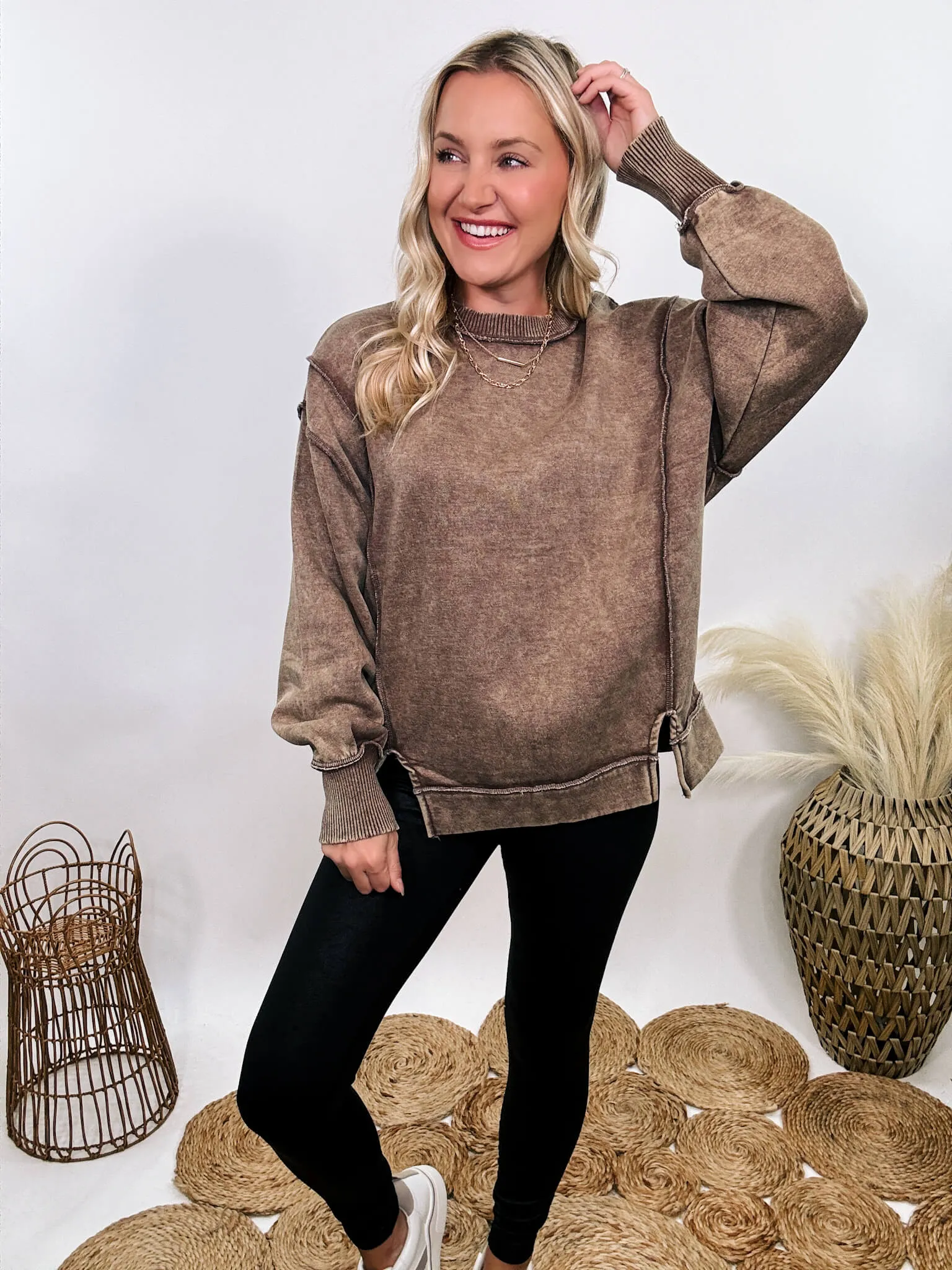 Mocha Brown Acid Washed Exposed Seam Fleece Sweatshirt Pullover