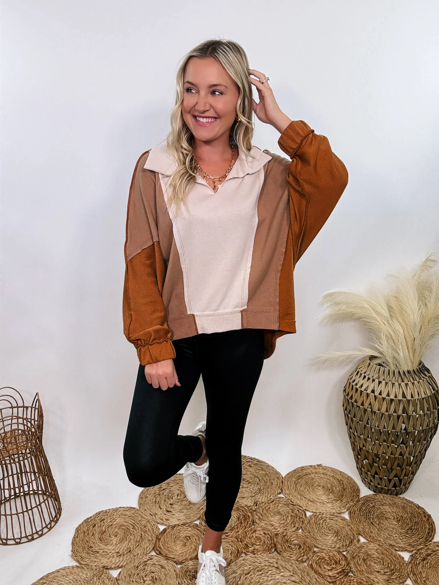 Neutral Brown Colorblock Oversized Pullover