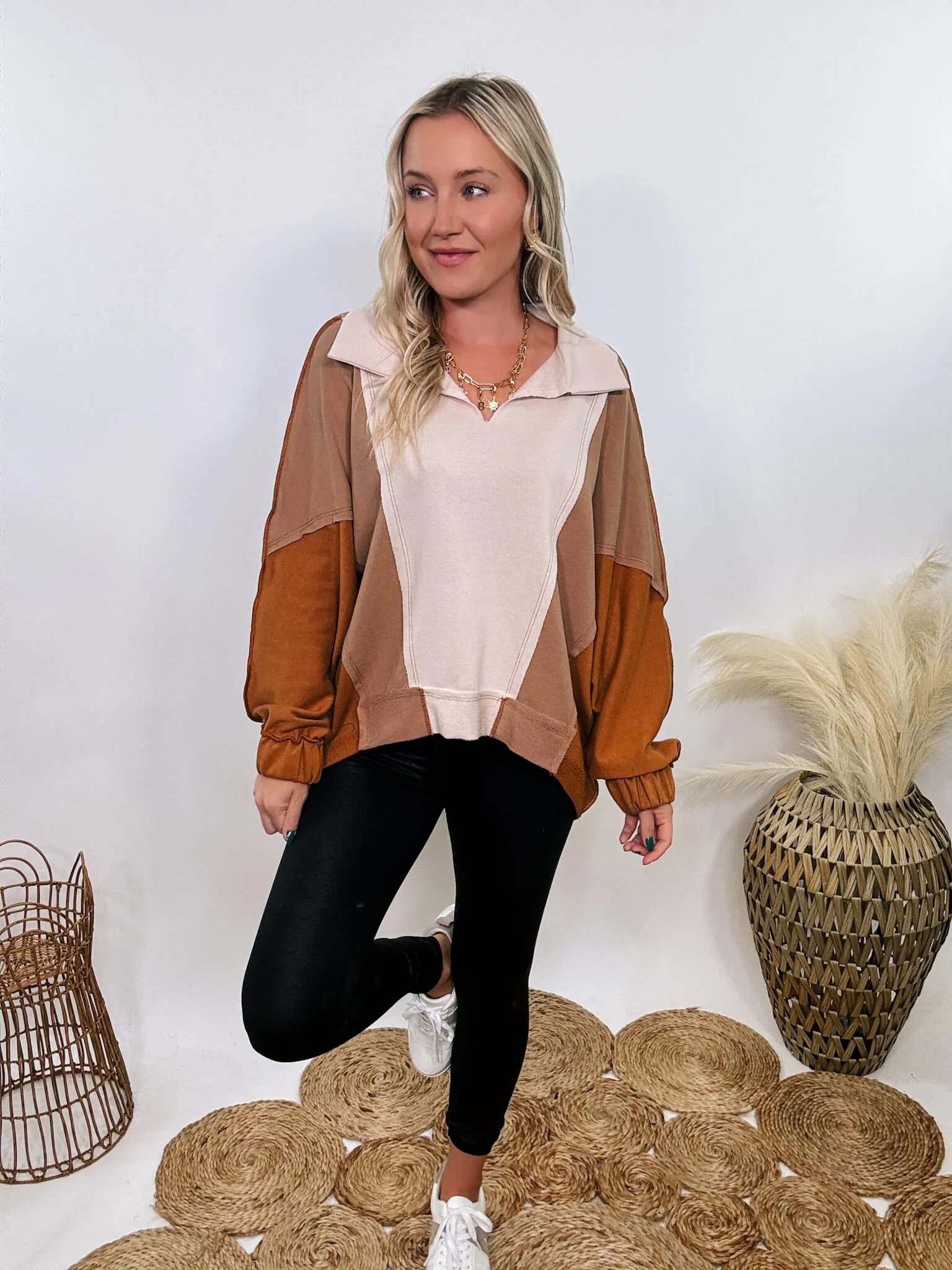 Neutral Brown Colorblock Oversized Pullover