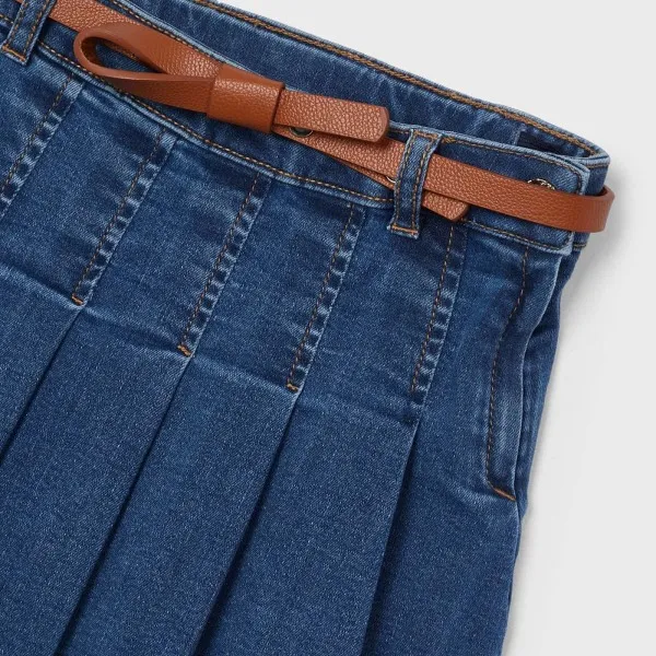 Pleated Denim Skirt with Belt