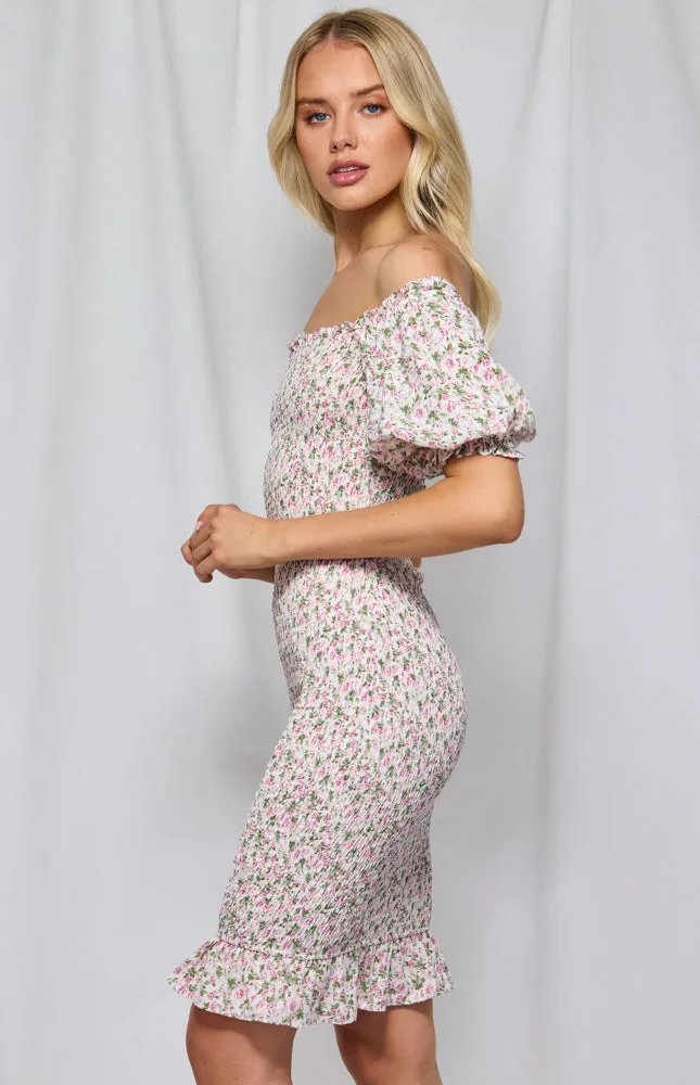 Printed Off The Shoulder Shirred Midi Dress