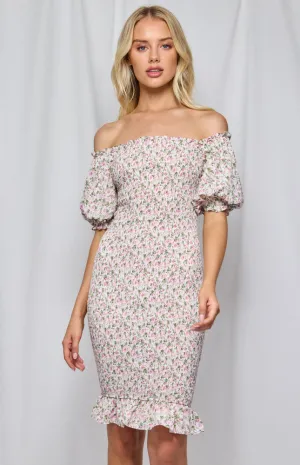 Printed Off The Shoulder Shirred Midi Dress