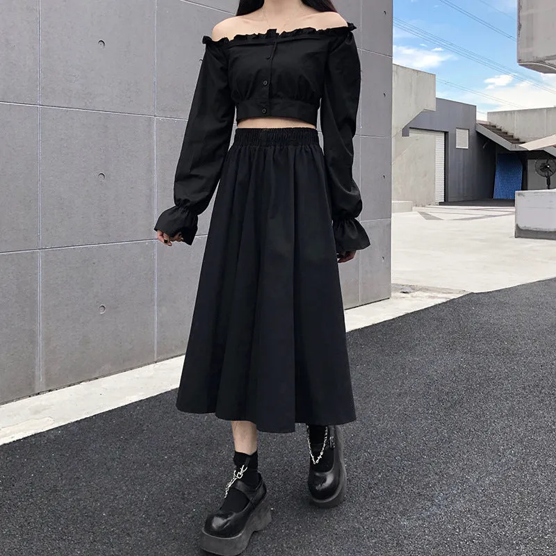 Quality High Waist Slim Look Flare Length A-Line Korean Trendy Mid-Length Skirt