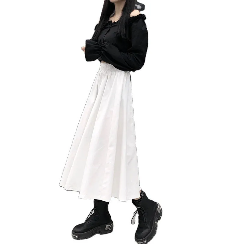 Quality High Waist Slim Look Flare Length A-Line Korean Trendy Mid-Length Skirt