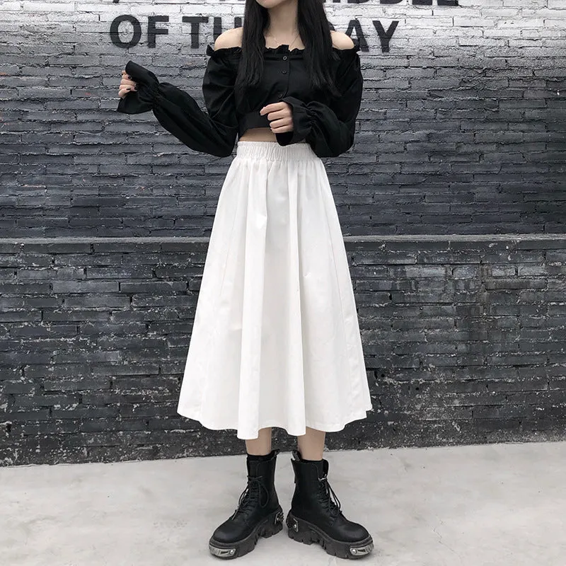 Quality High Waist Slim Look Flare Length A-Line Korean Trendy Mid-Length Skirt