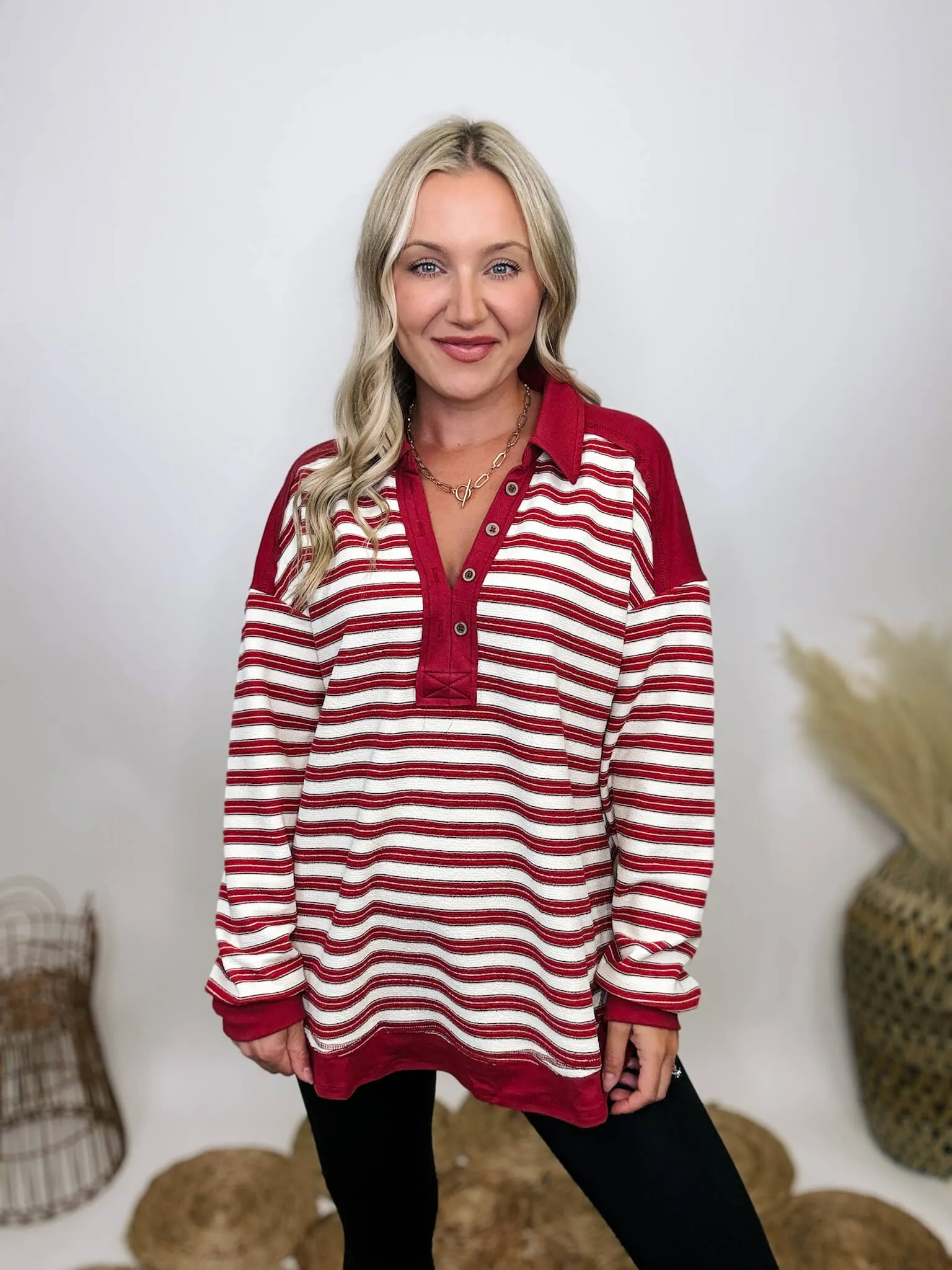 Red Striped Oversized Collared V-Neck Pullover with Button Details