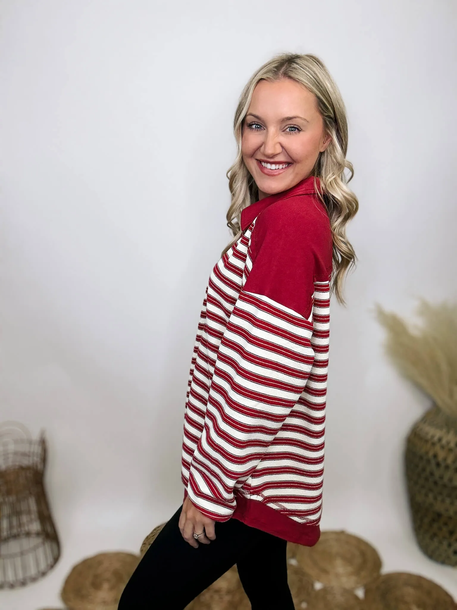 Red Striped Oversized Collared V-Neck Pullover with Button Details