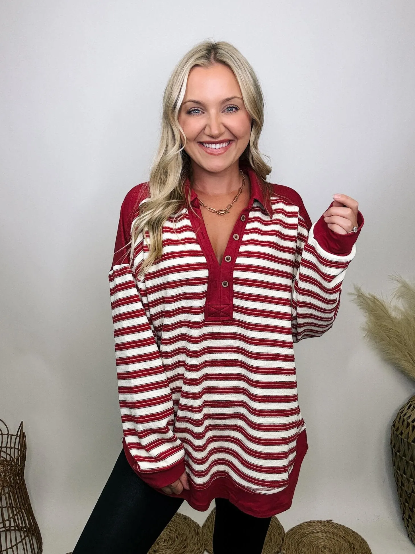 Red Striped Oversized Collared V-Neck Pullover with Button Details