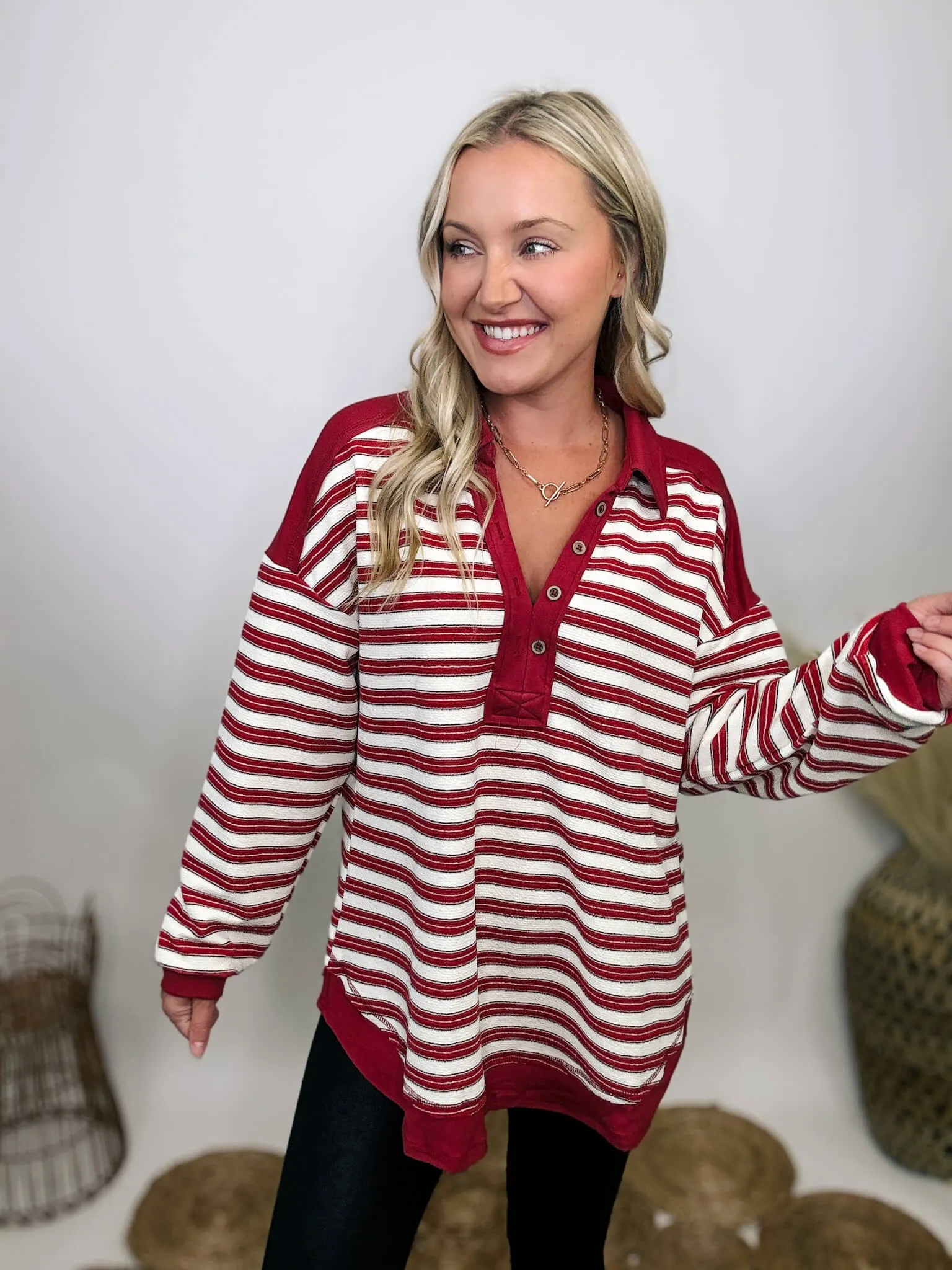 Red Striped Oversized Collared V-Neck Pullover with Button Details