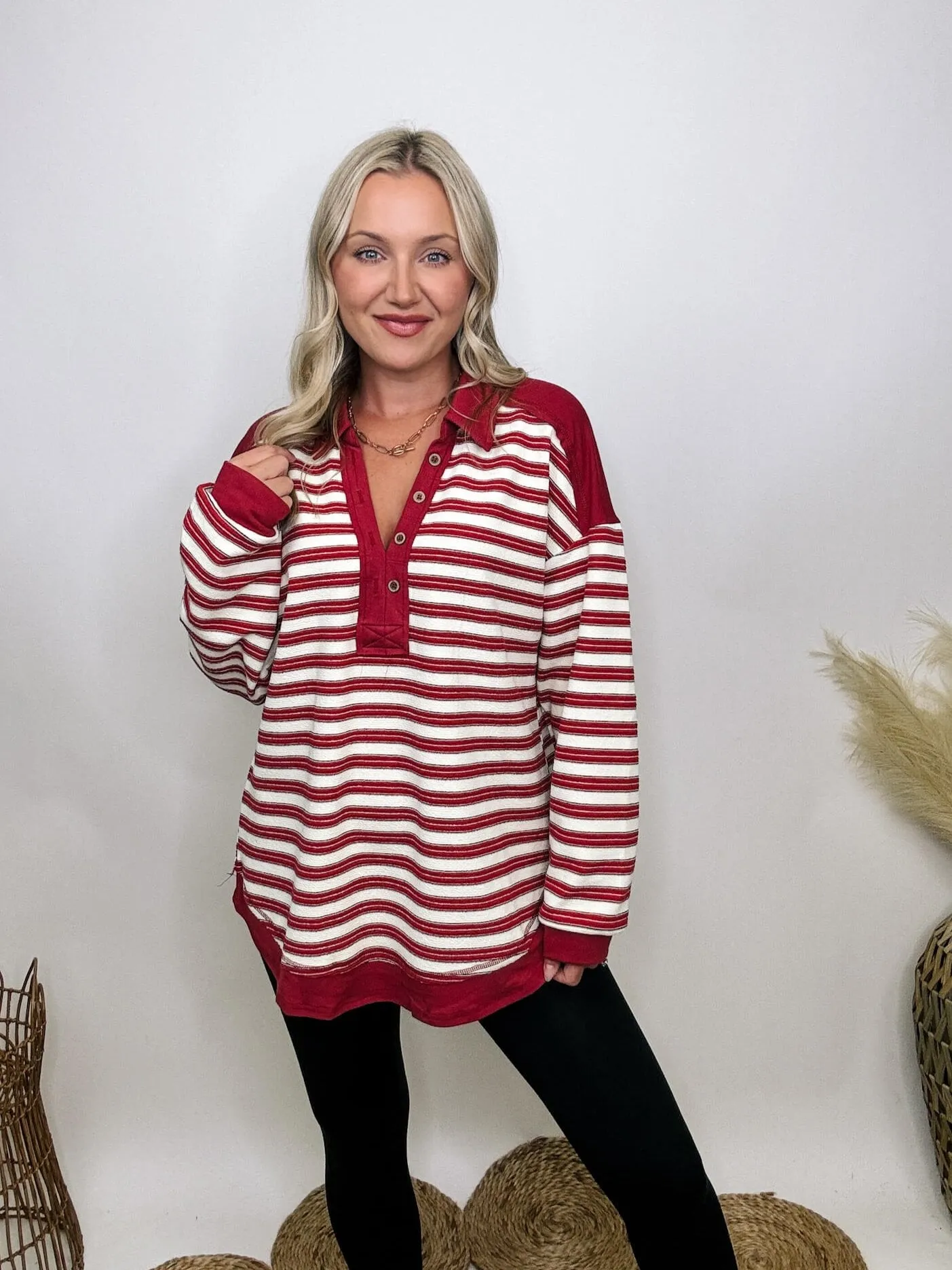 Red Striped Oversized Collared V-Neck Pullover with Button Details