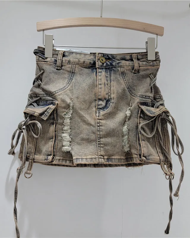 Retro Distressed High-Waisted Ripped Denim Hip-Hugging Skirt