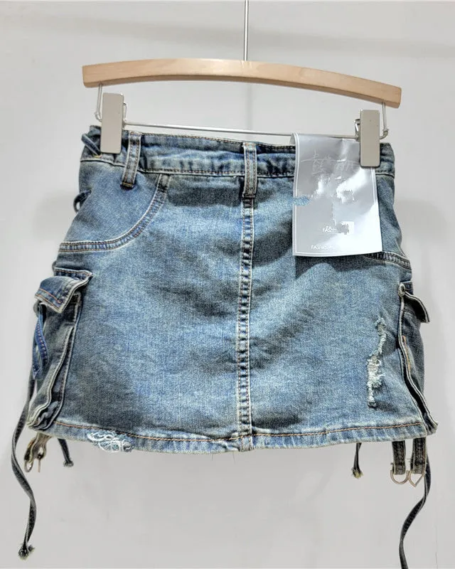 Retro Distressed High-Waisted Ripped Denim Hip-Hugging Skirt