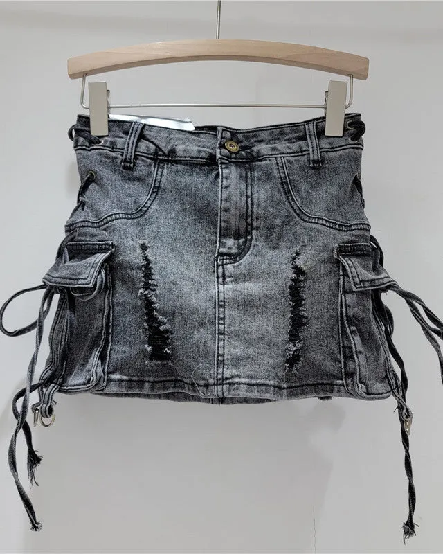 Retro Distressed High-Waisted Ripped Denim Hip-Hugging Skirt