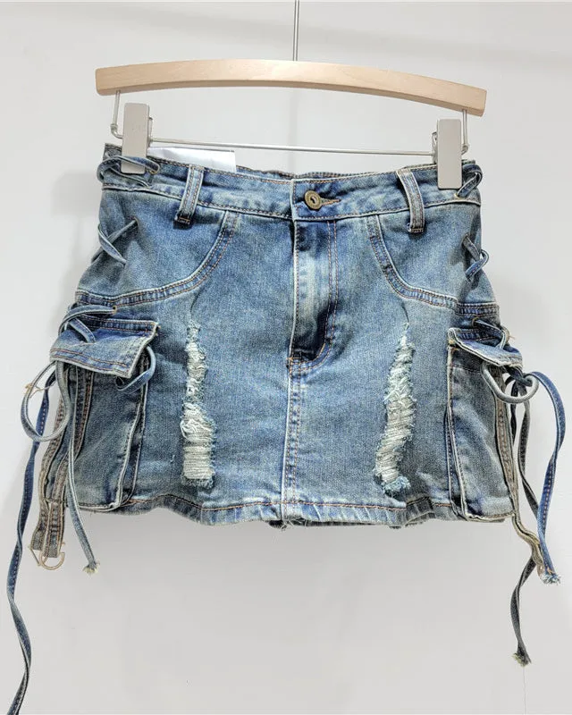 Retro Distressed High-Waisted Ripped Denim Hip-Hugging Skirt