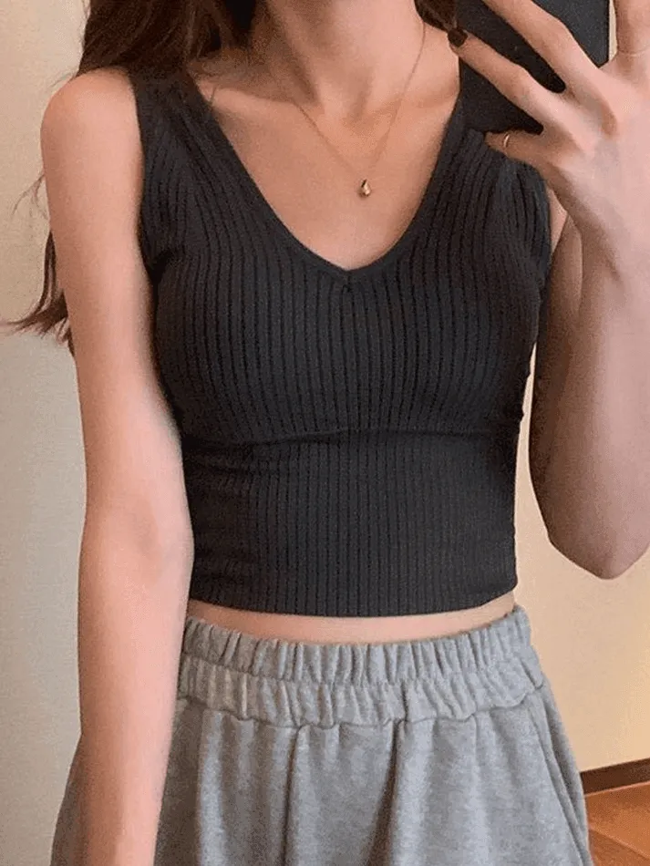 Rib V Neck Cropped Tank Top