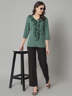 Ruffled Neckline Top- Green