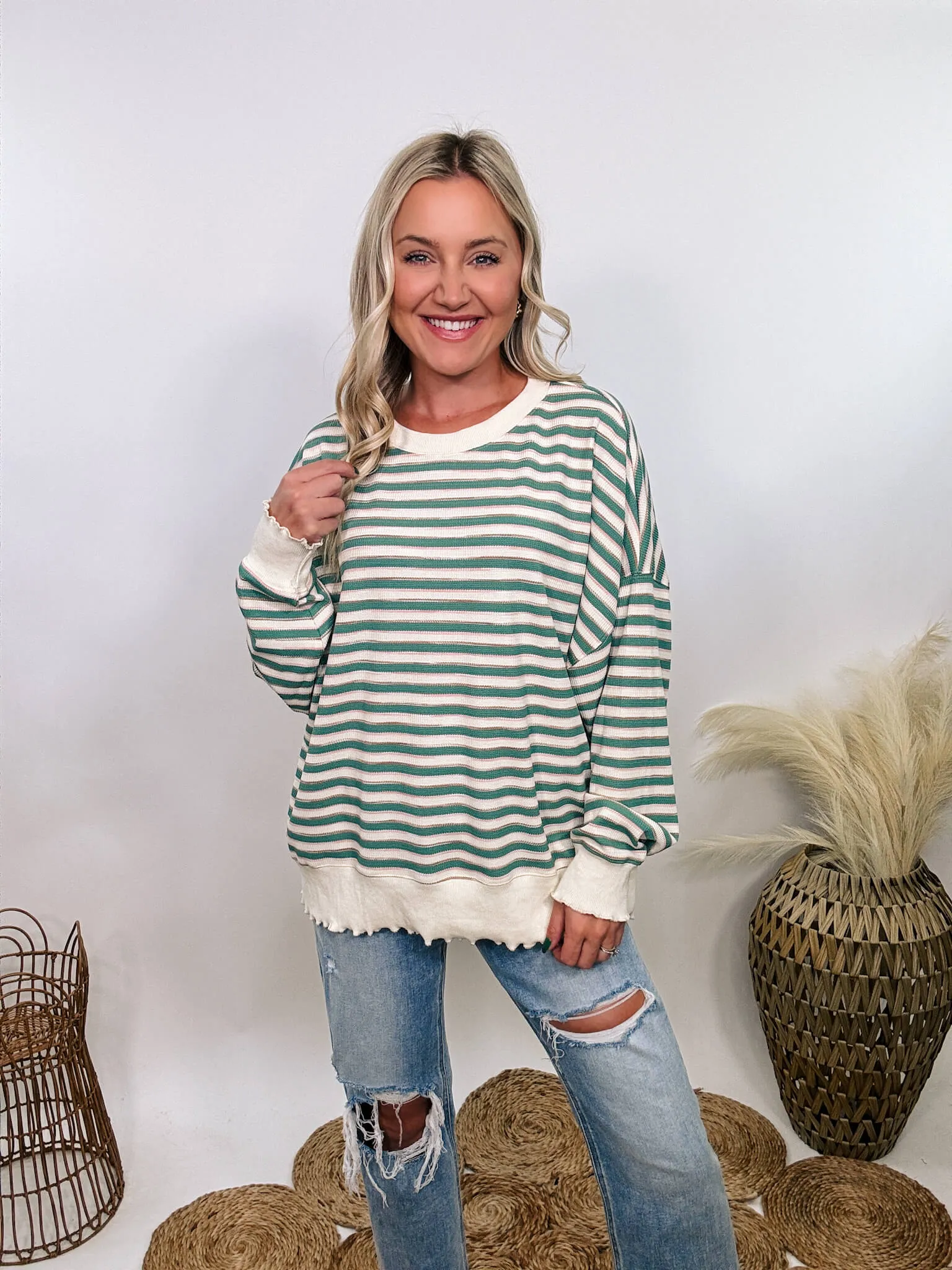 Sage Striped Thermal Oversized Long Sleeve Pullover