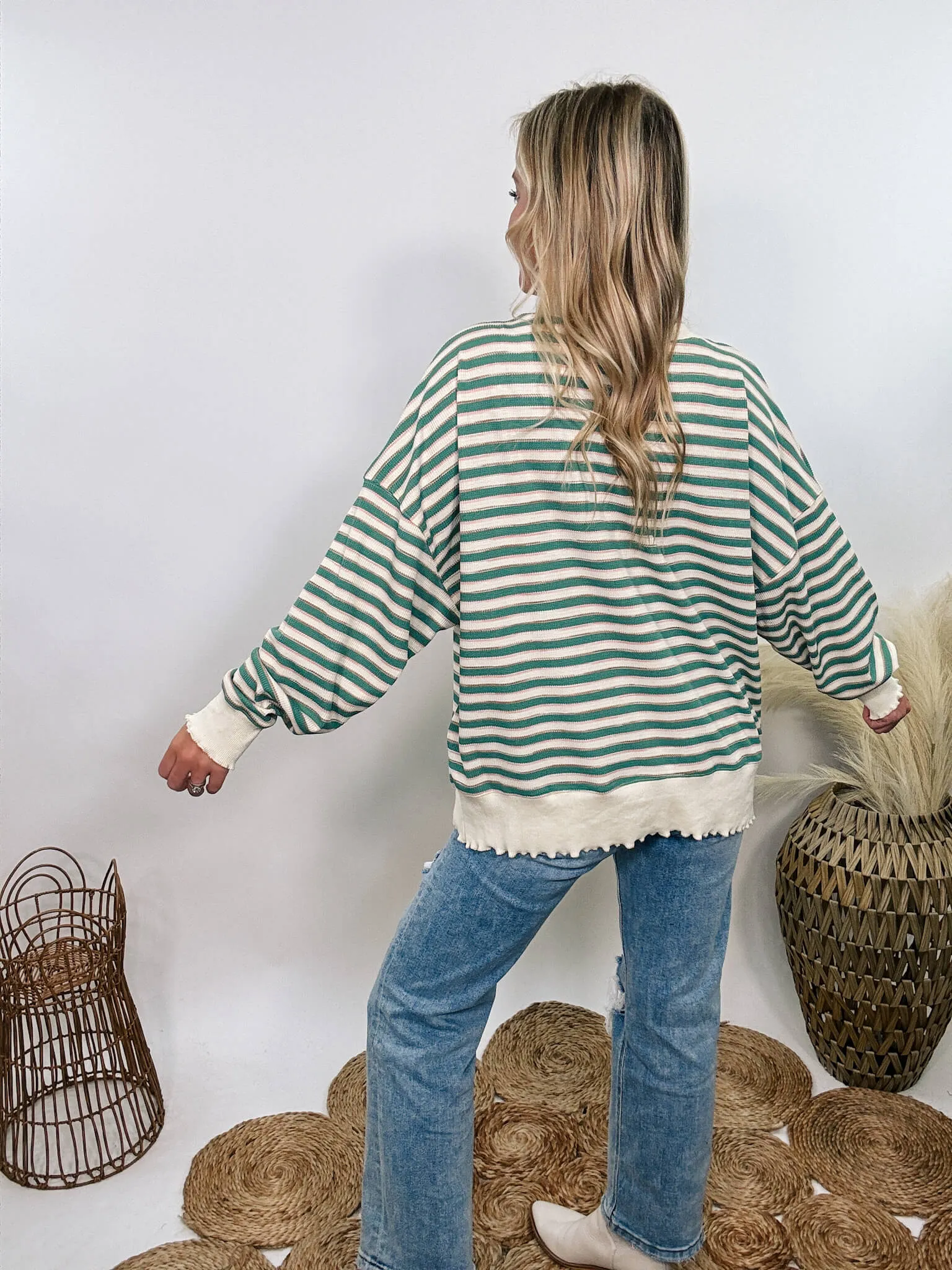 Sage Striped Thermal Oversized Long Sleeve Pullover