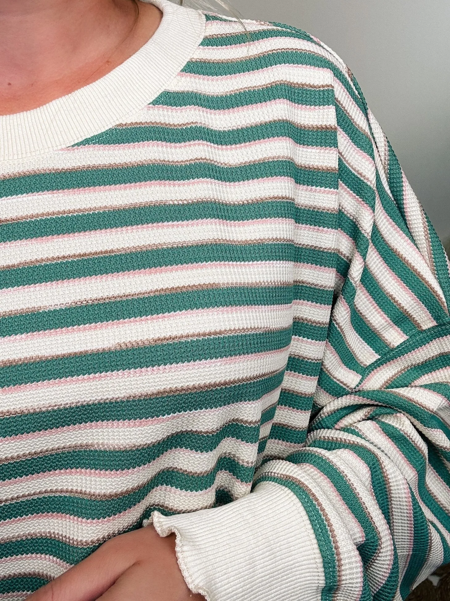 Sage Striped Thermal Oversized Long Sleeve Pullover