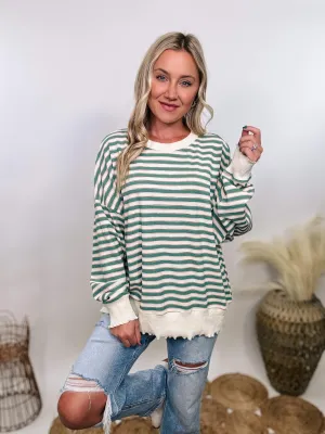 Sage Striped Thermal Oversized Long Sleeve Pullover