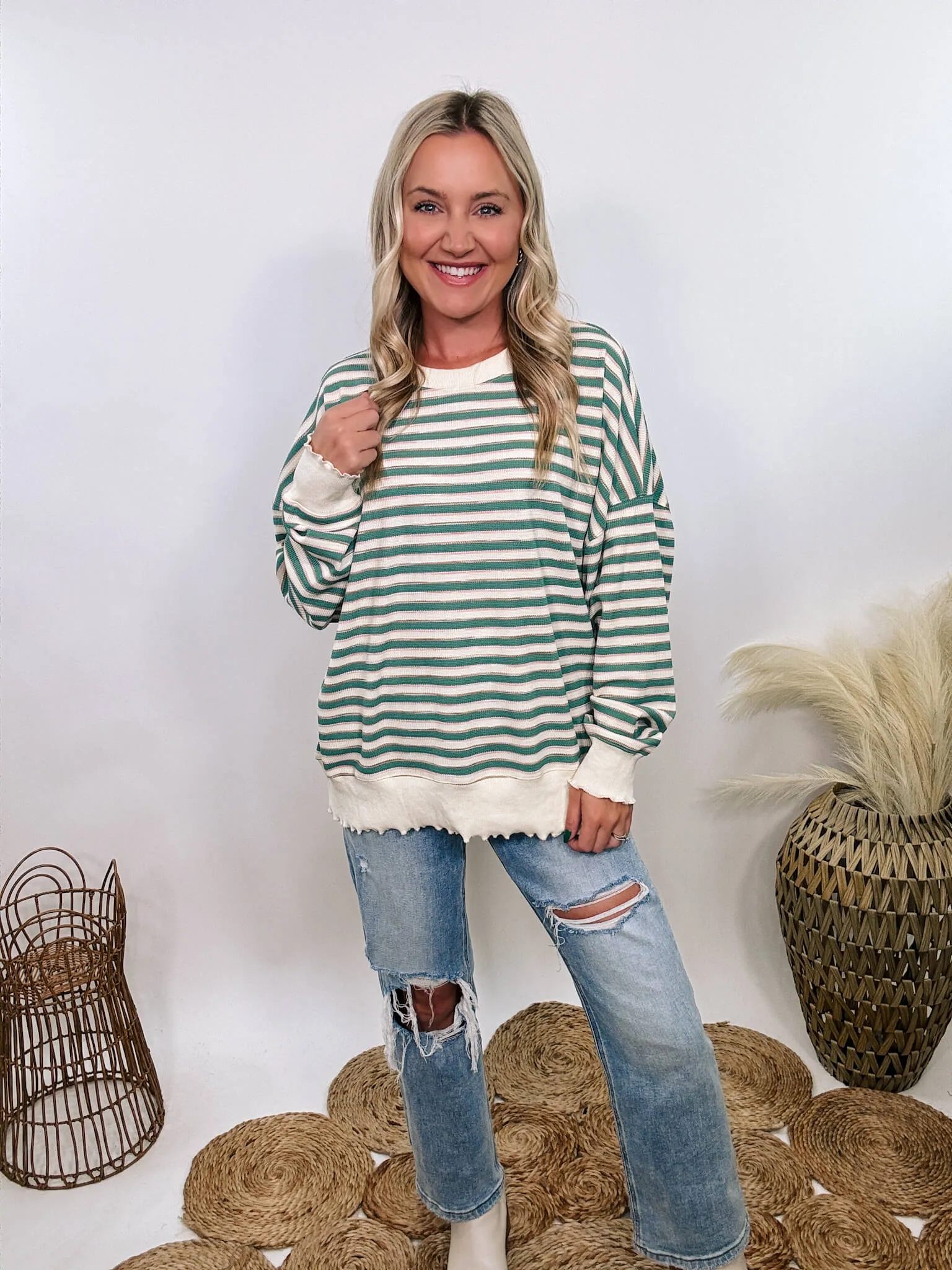 Sage Striped Thermal Oversized Long Sleeve Pullover