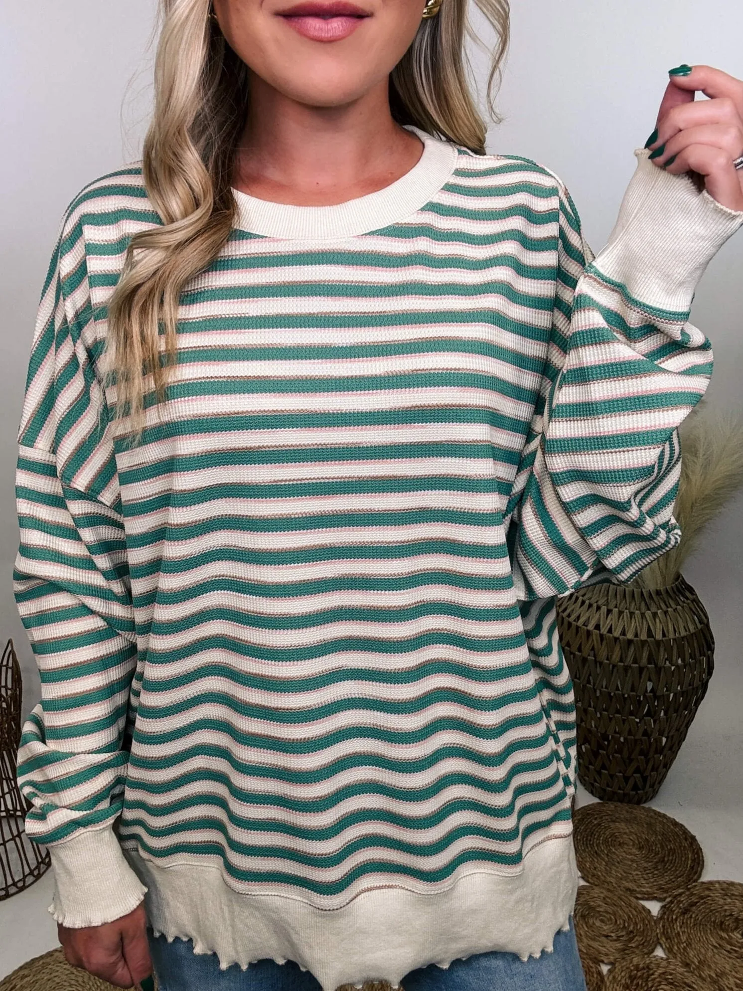 Sage Striped Thermal Oversized Long Sleeve Pullover