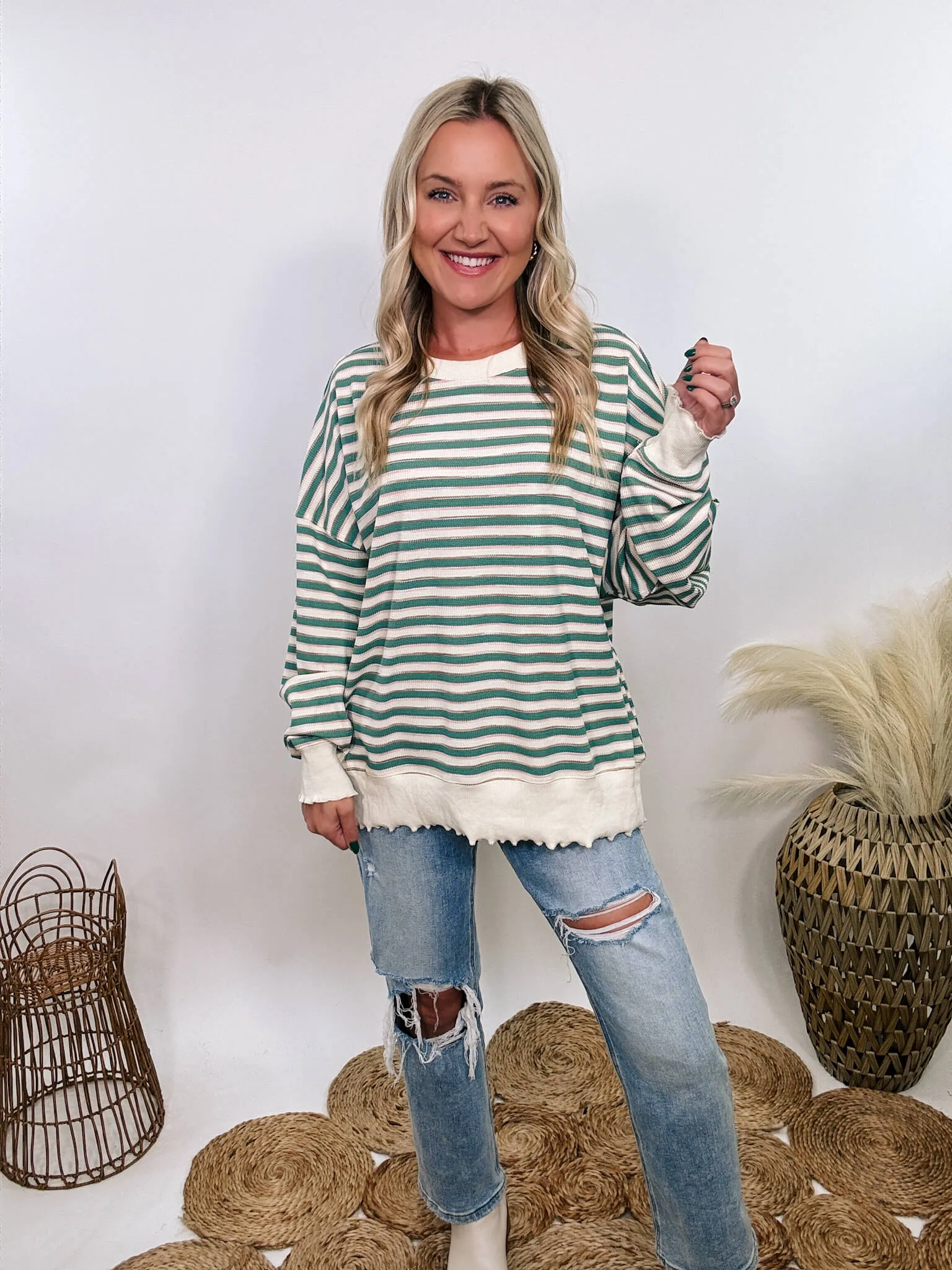 Sage Striped Thermal Oversized Long Sleeve Pullover