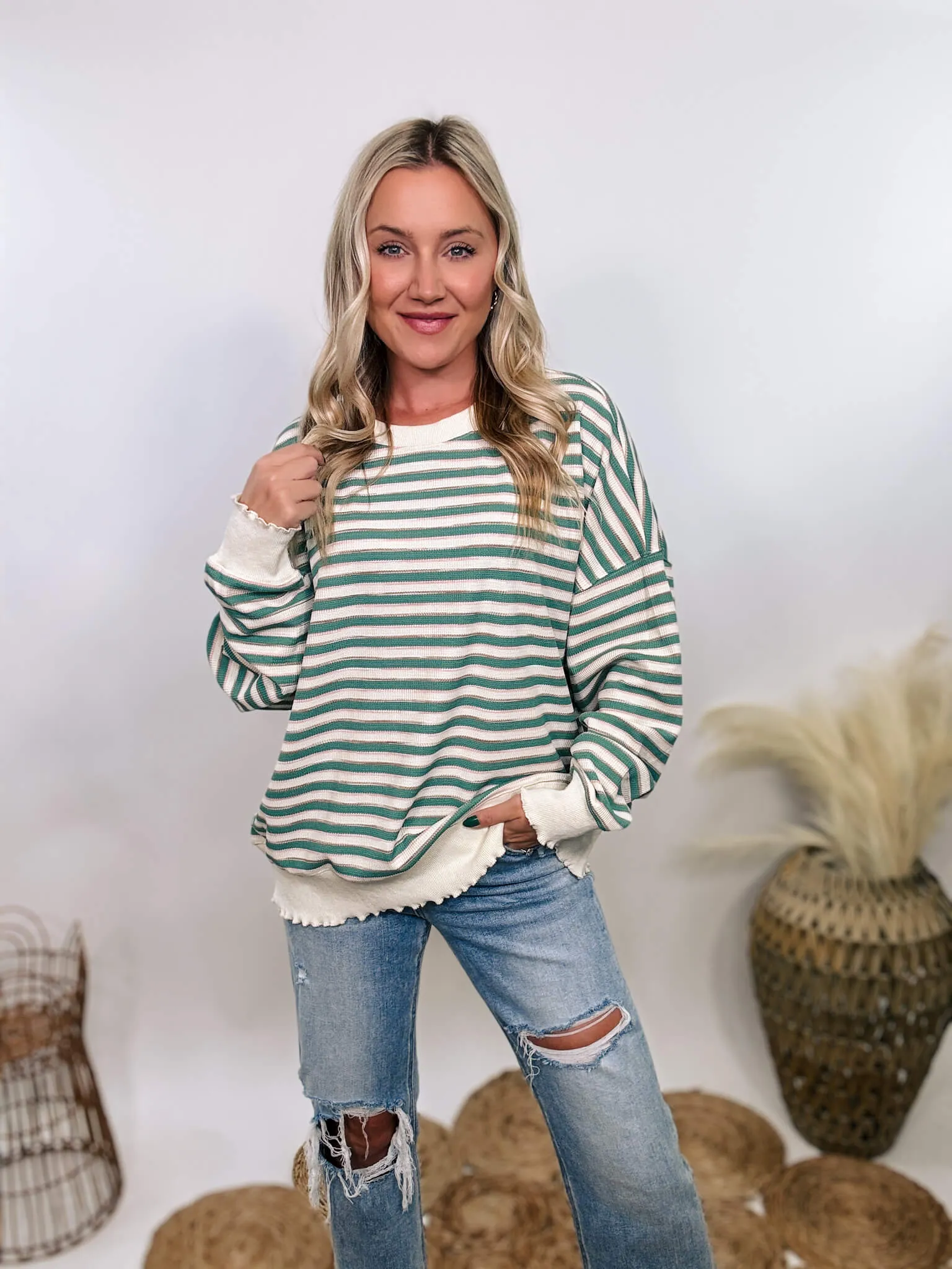 Sage Striped Thermal Oversized Long Sleeve Pullover