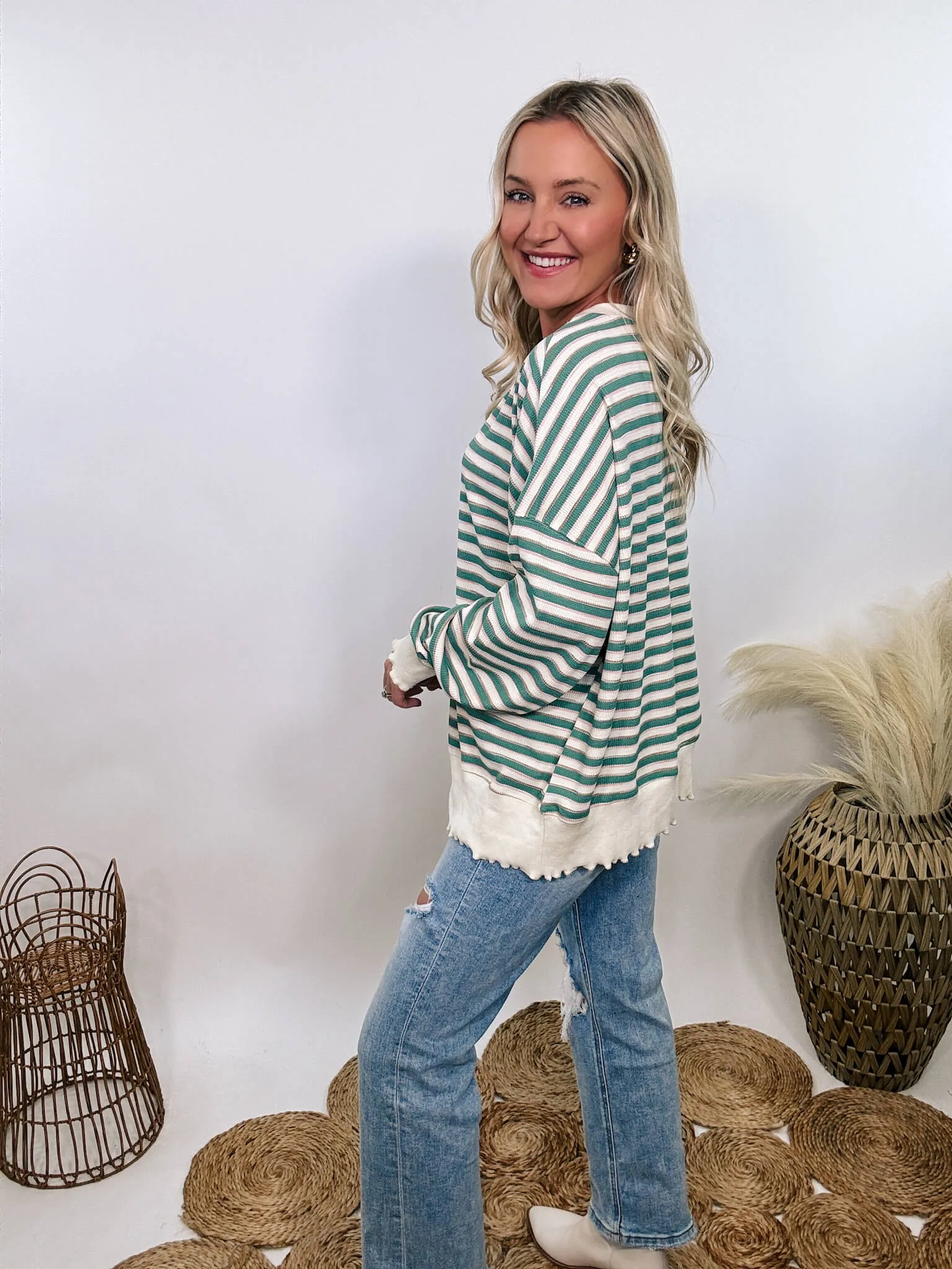 Sage Striped Thermal Oversized Long Sleeve Pullover