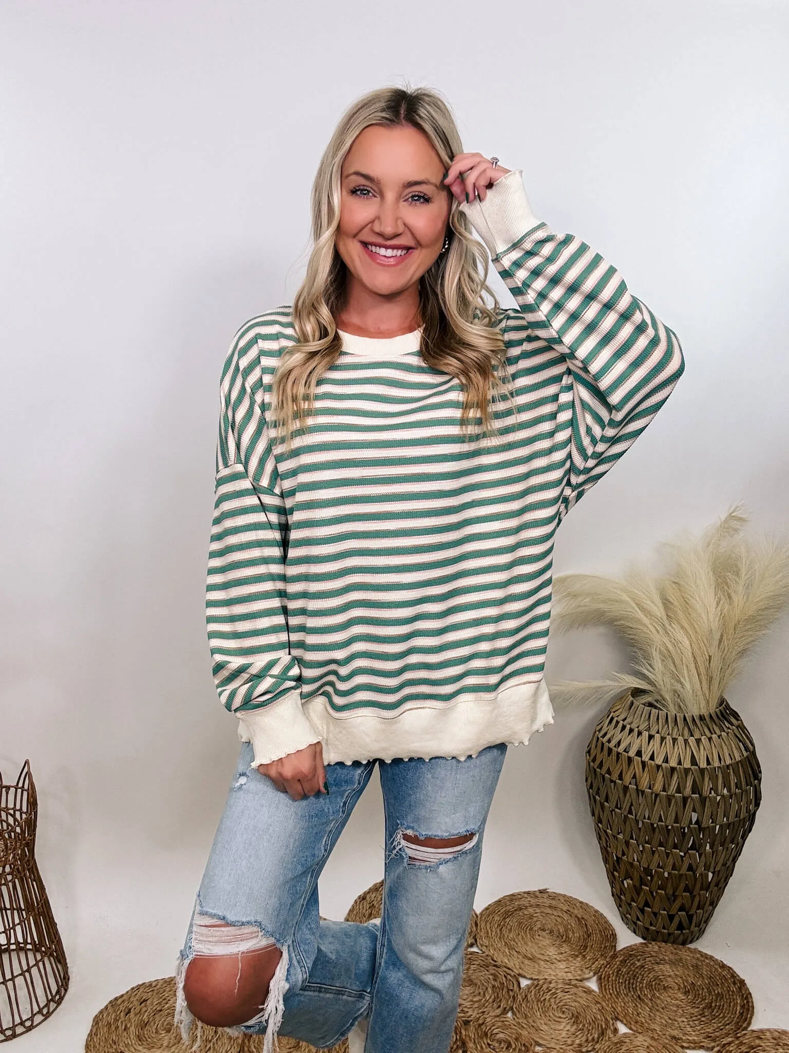 Sage Striped Thermal Oversized Long Sleeve Pullover