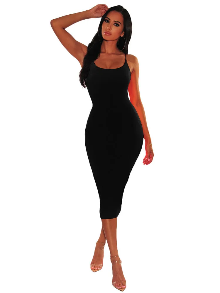 Spaghetti Strap Solid Color Bodycon Maxi Dresses