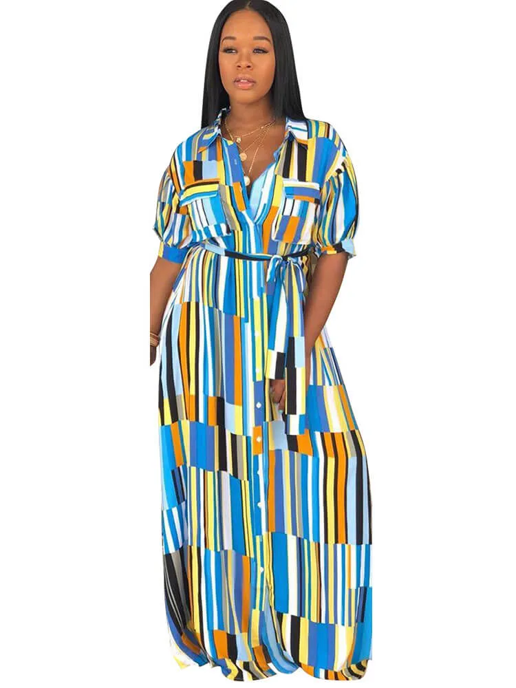 Striped Printed V Neck Maxi Dresses