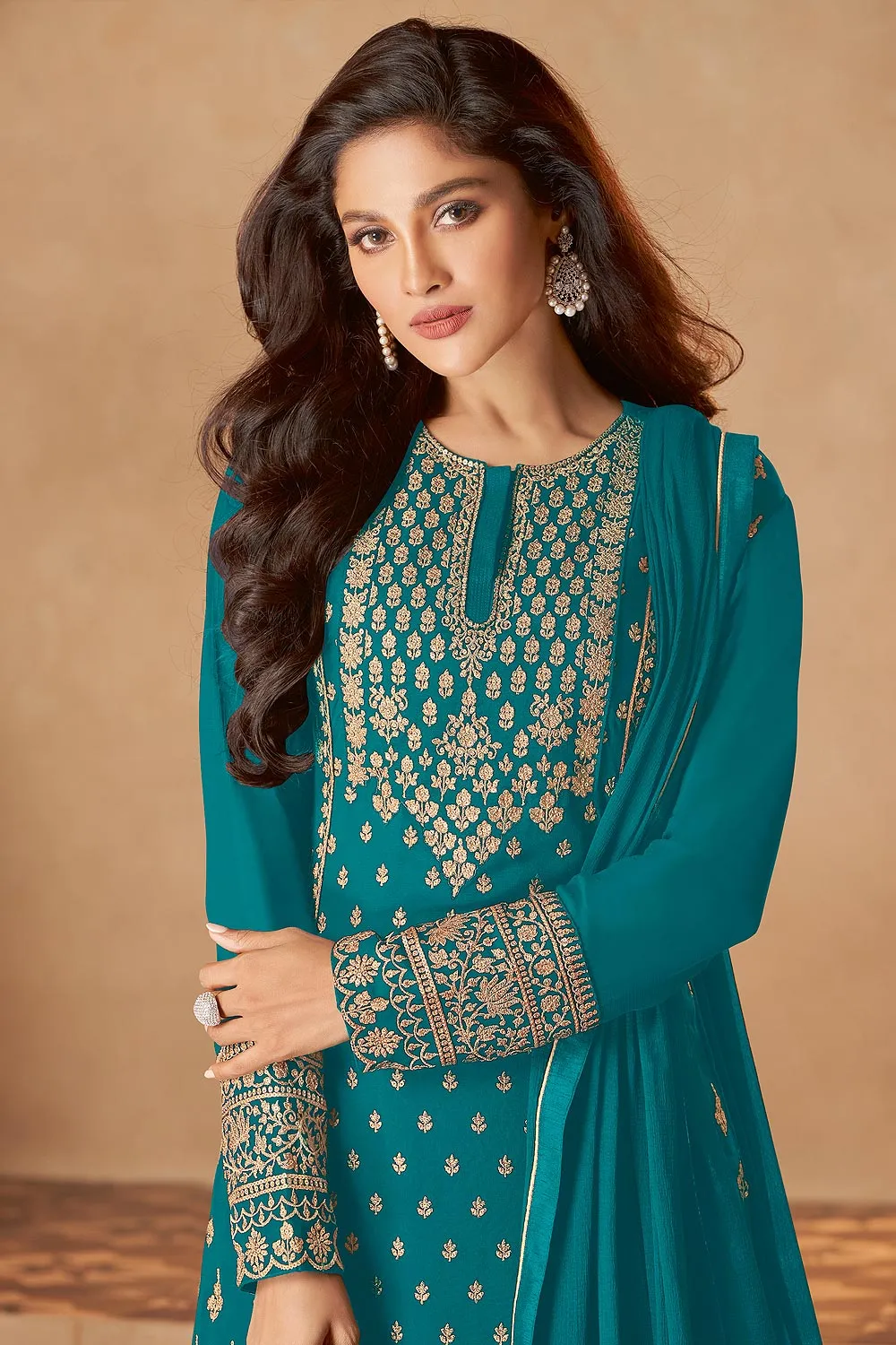 Turquoise Straight Cut Georgette Designer Sharara Suit