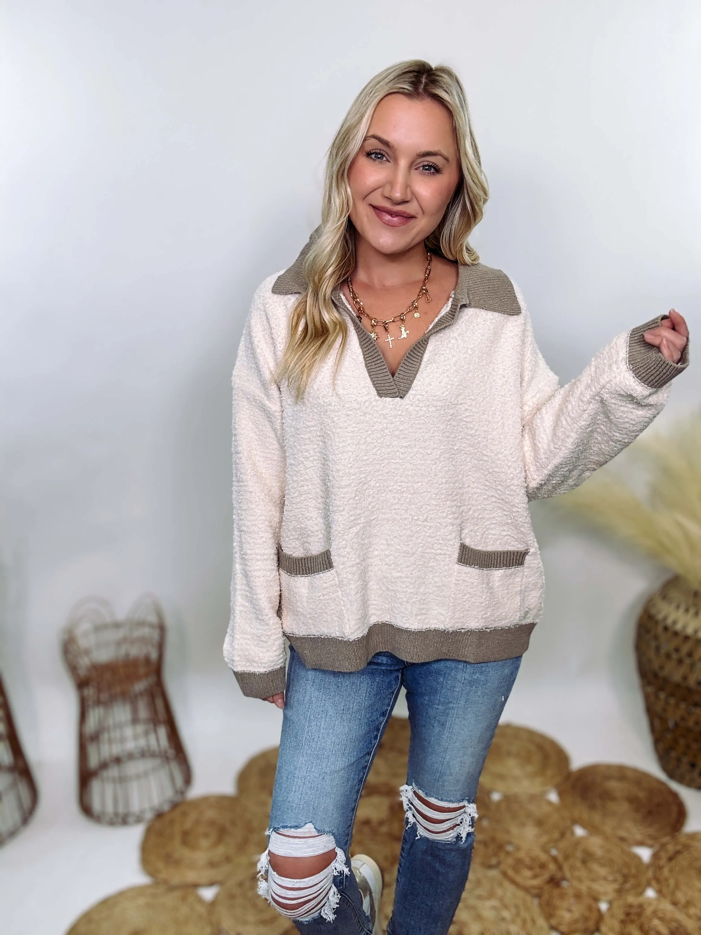 Ultra Soft Fleece Sherpa Pullover with Collared V-Neckline Pockets