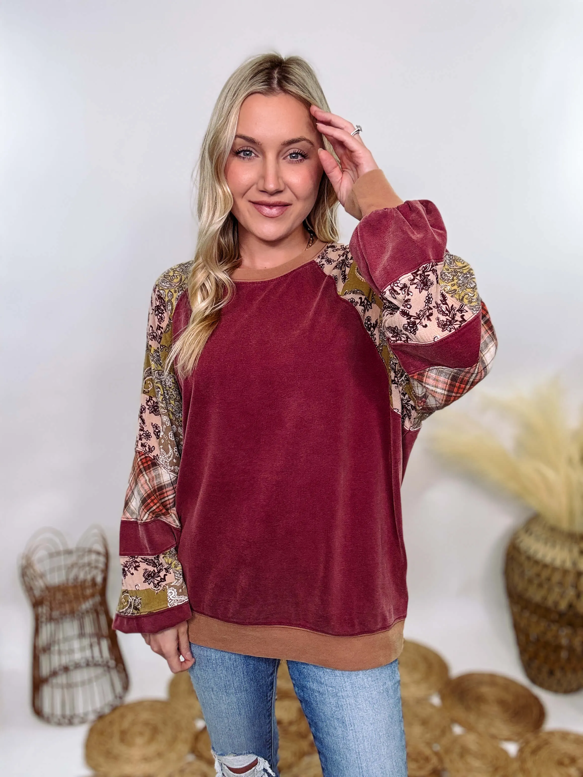 Washed Cherry Long Sleeve Pullover with Patchwork Plaid and Vintage Paisley Print