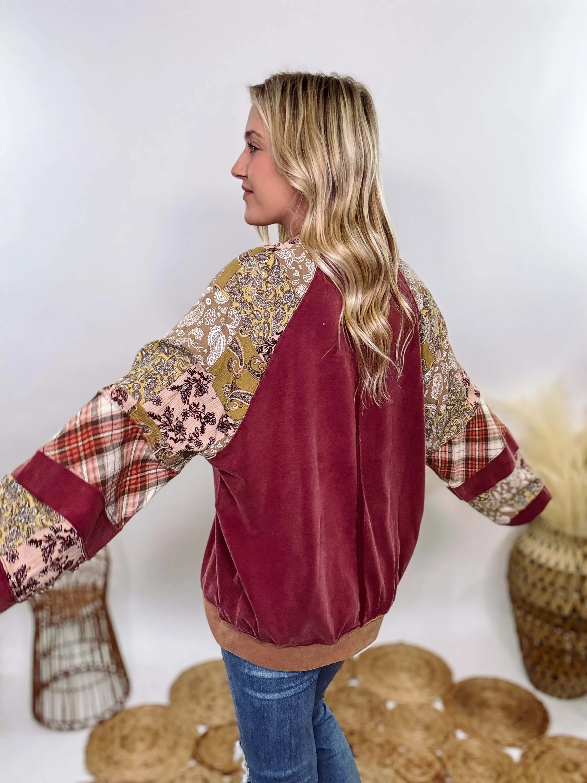 Washed Cherry Long Sleeve Pullover with Patchwork Plaid and Vintage Paisley Print