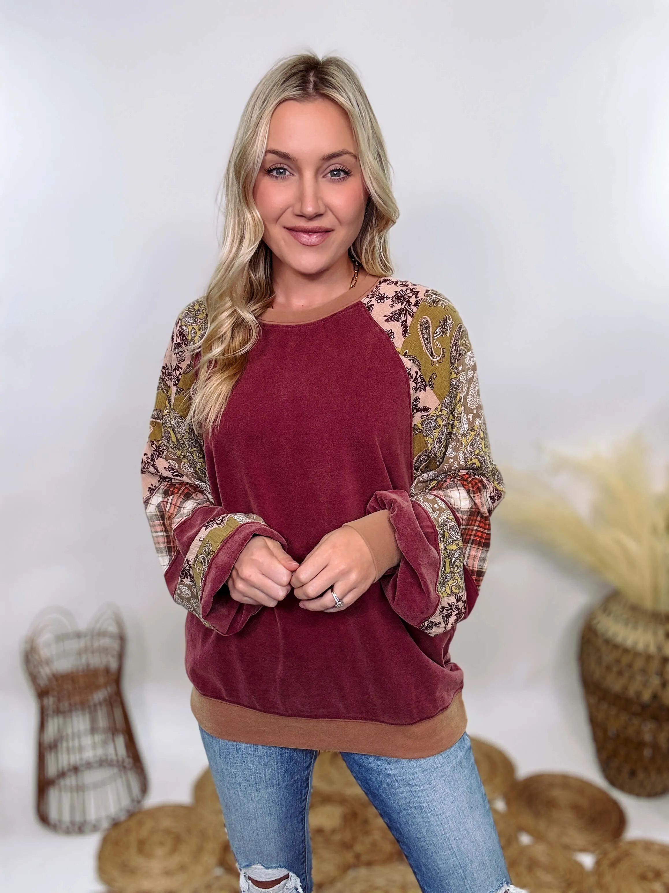 Washed Cherry Long Sleeve Pullover with Patchwork Plaid and Vintage Paisley Print