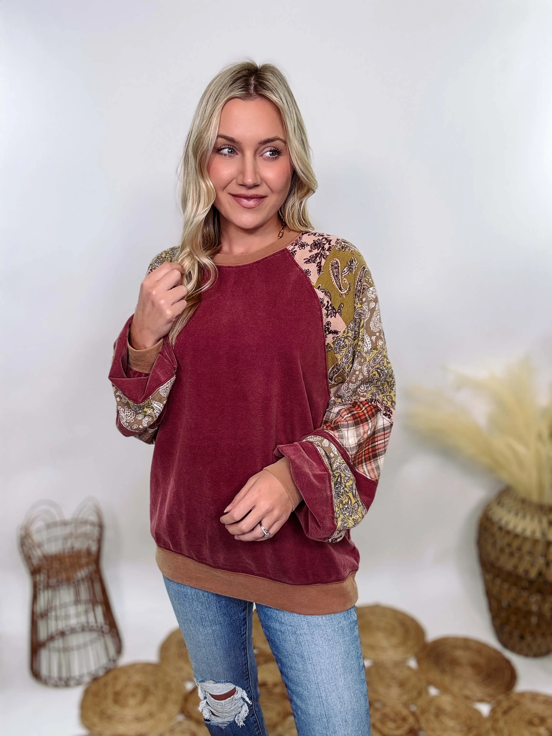 Washed Cherry Long Sleeve Pullover with Patchwork Plaid and Vintage Paisley Print