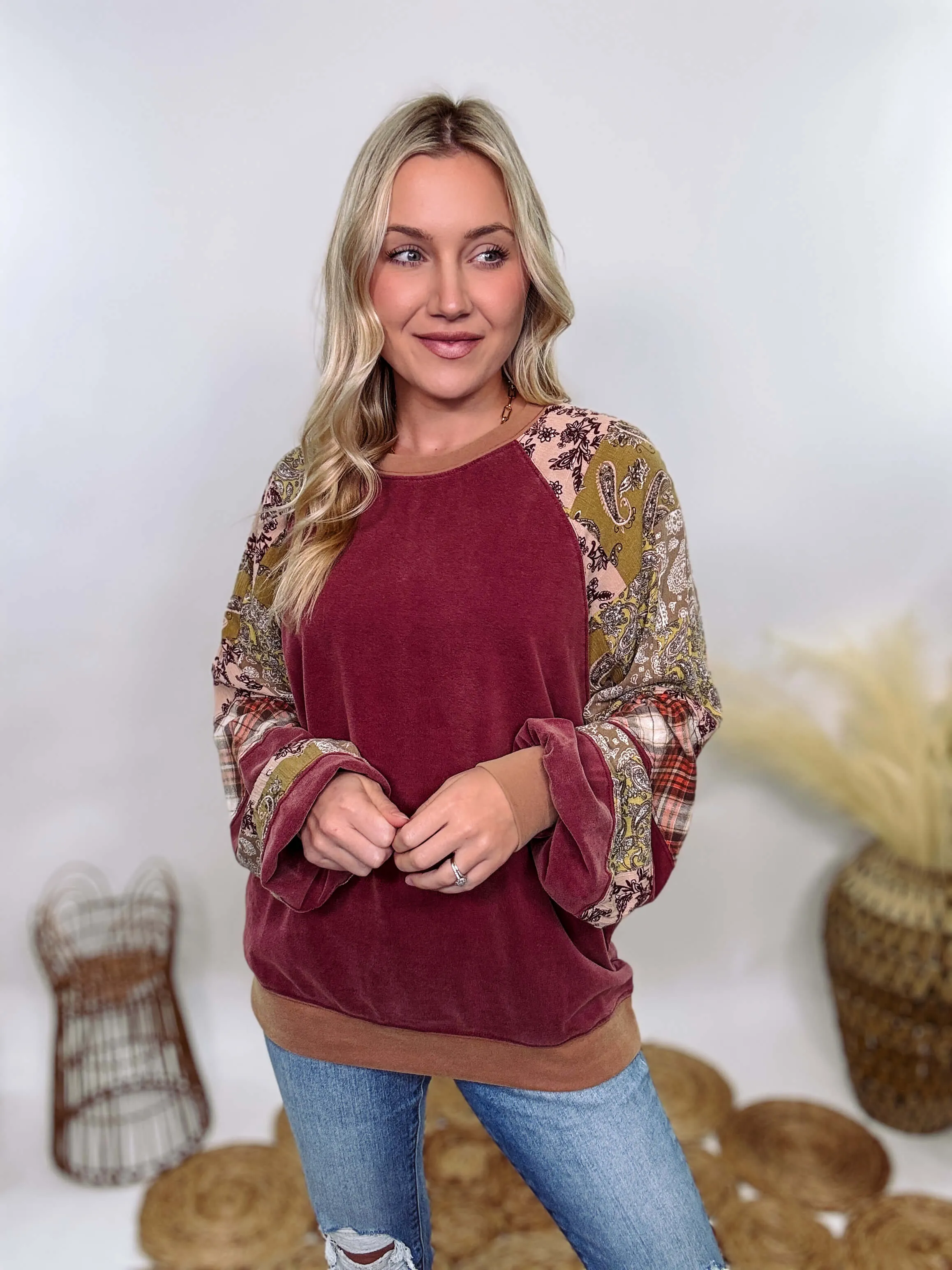 Washed Cherry Long Sleeve Pullover with Patchwork Plaid and Vintage Paisley Print