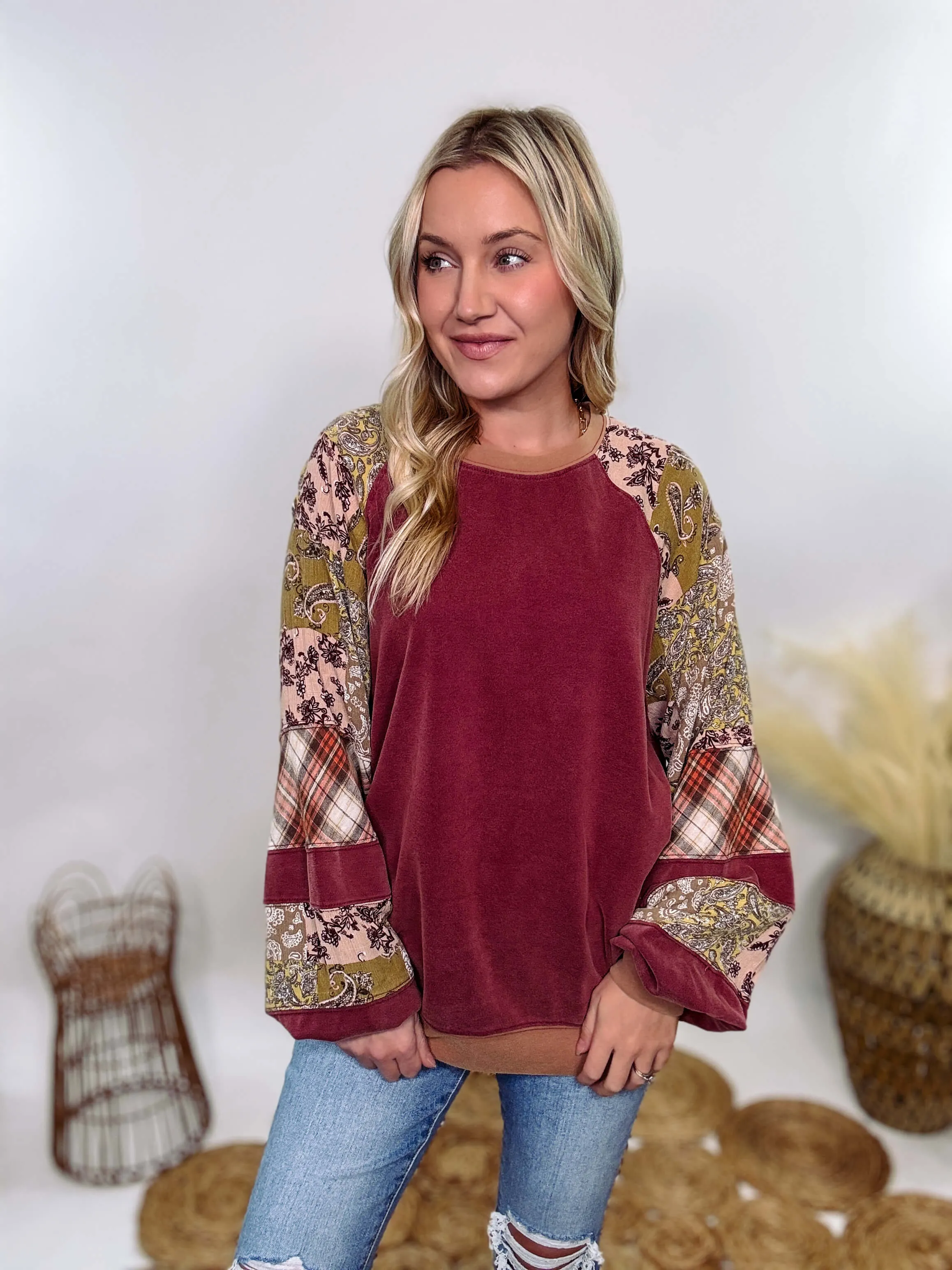 Washed Cherry Long Sleeve Pullover with Patchwork Plaid and Vintage Paisley Print