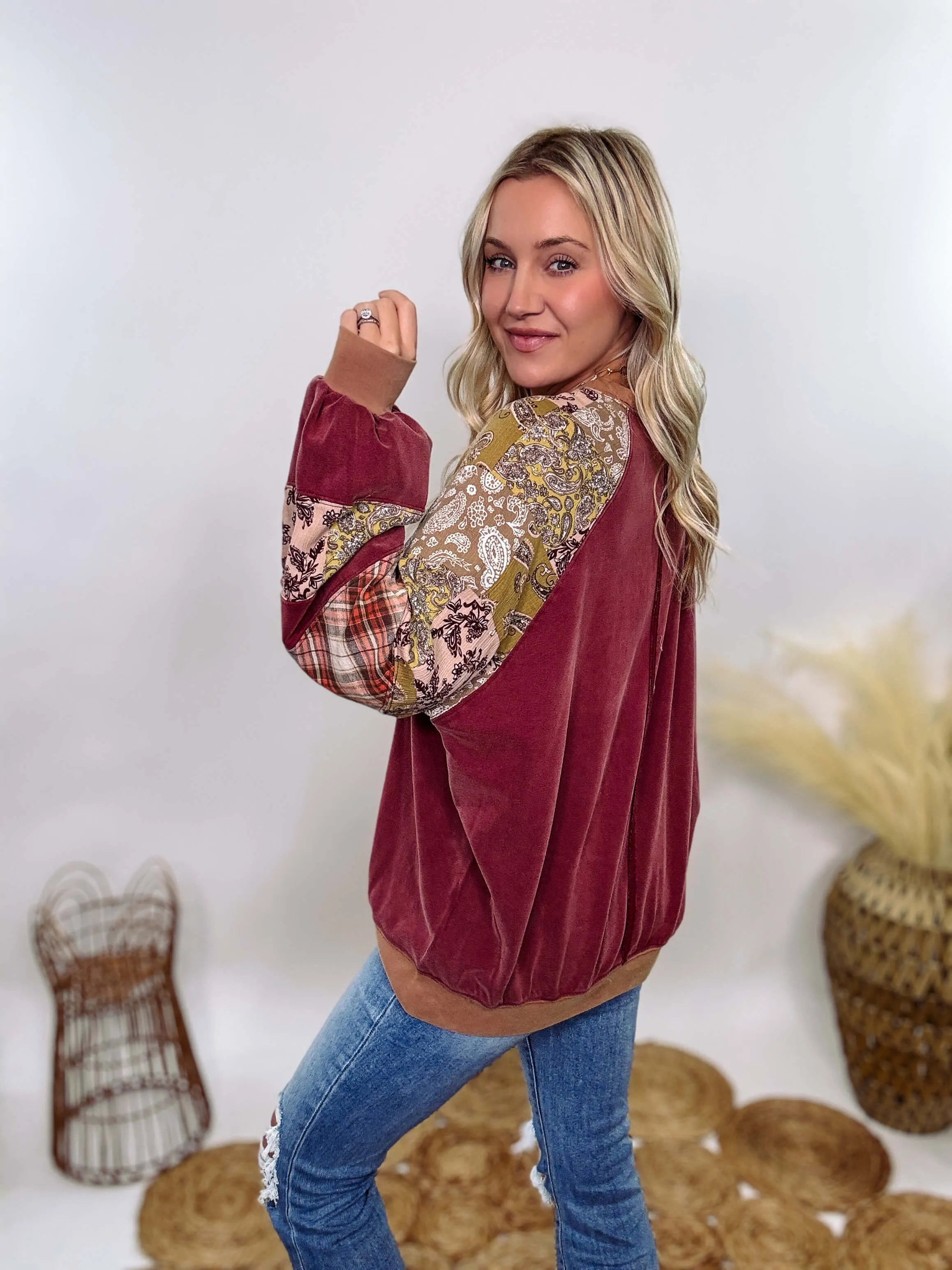 Washed Cherry Long Sleeve Pullover with Patchwork Plaid and Vintage Paisley Print