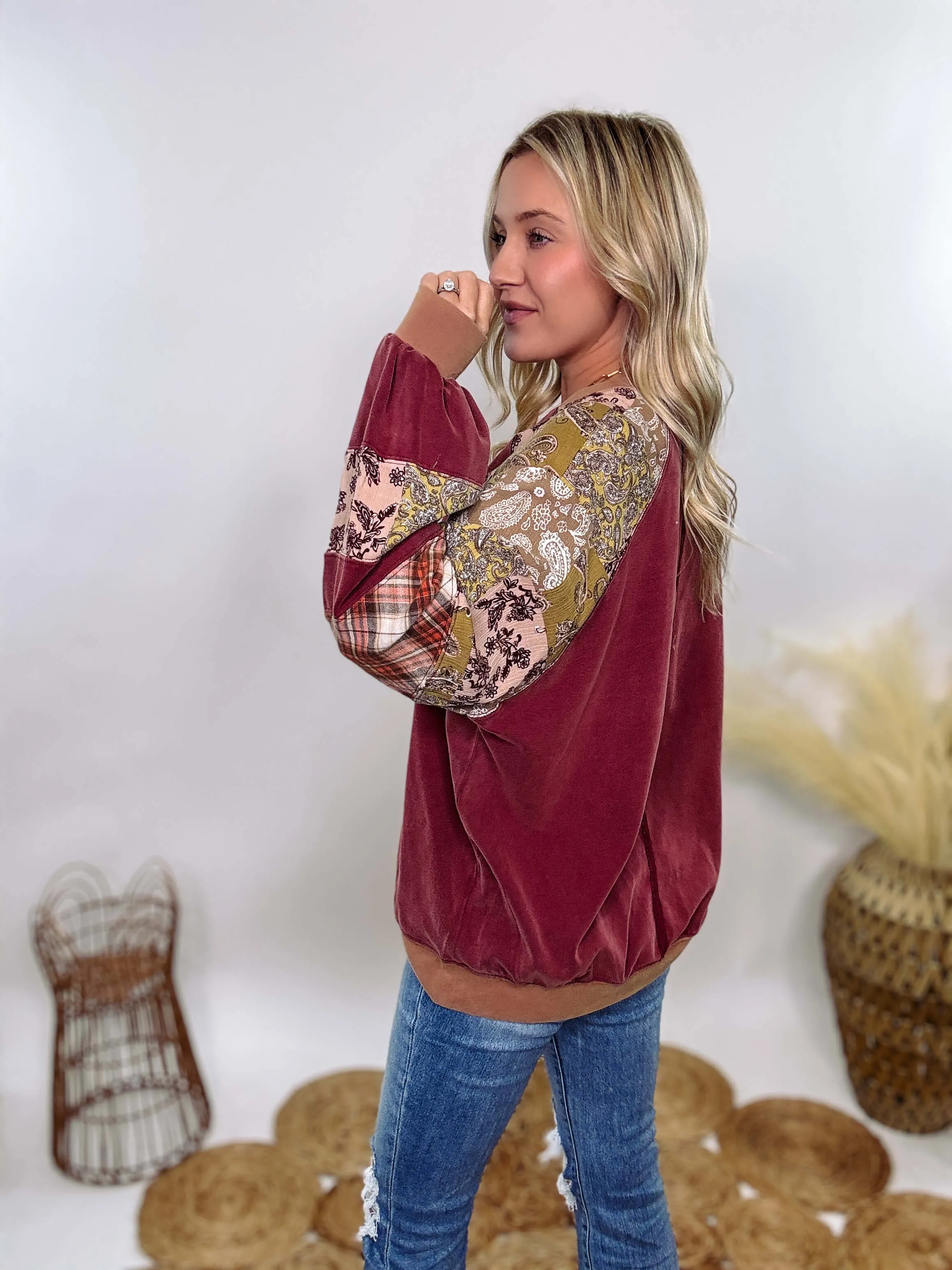 Washed Cherry Long Sleeve Pullover with Patchwork Plaid and Vintage Paisley Print