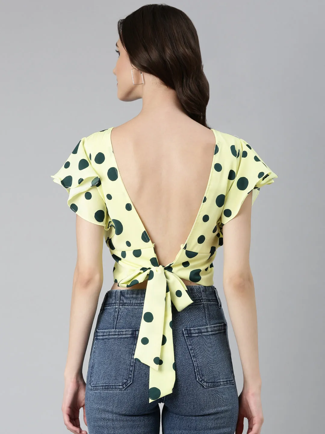 Women Lime Green Polka Dots Blouson Crop Top