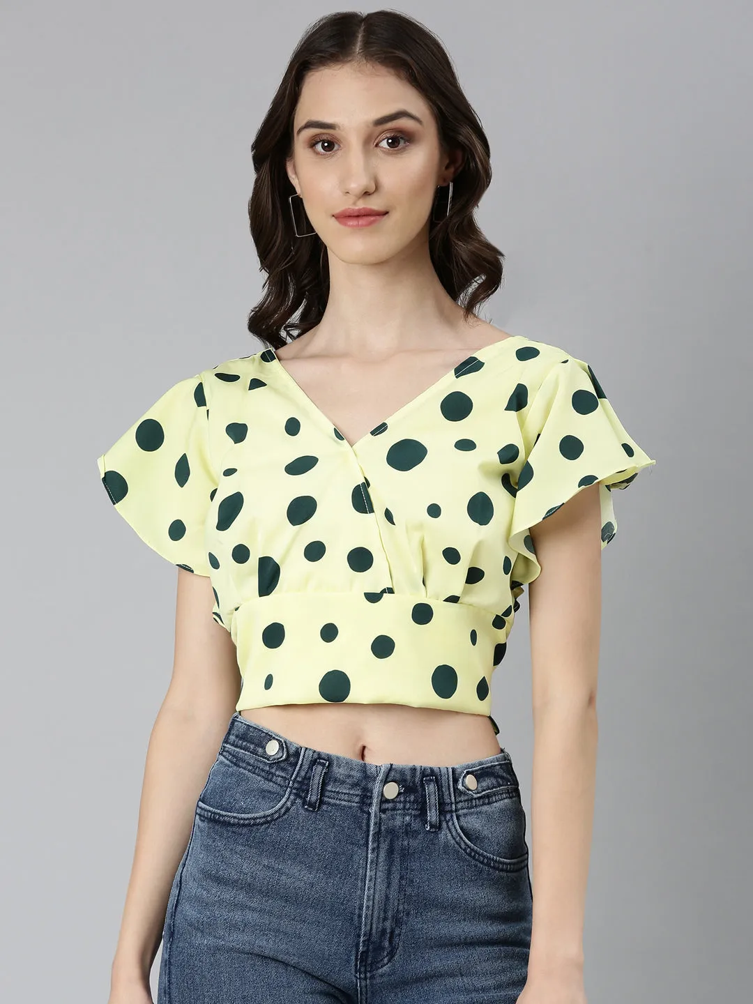 Women Lime Green Polka Dots Blouson Crop Top