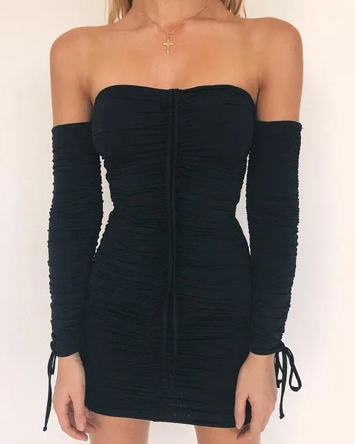 Women Off Shoulder Long Sleeve Slim Elastic Bodycon Party Dresses