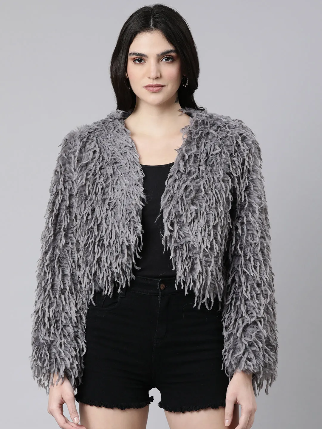 Women Solid Grey Crop Shrug