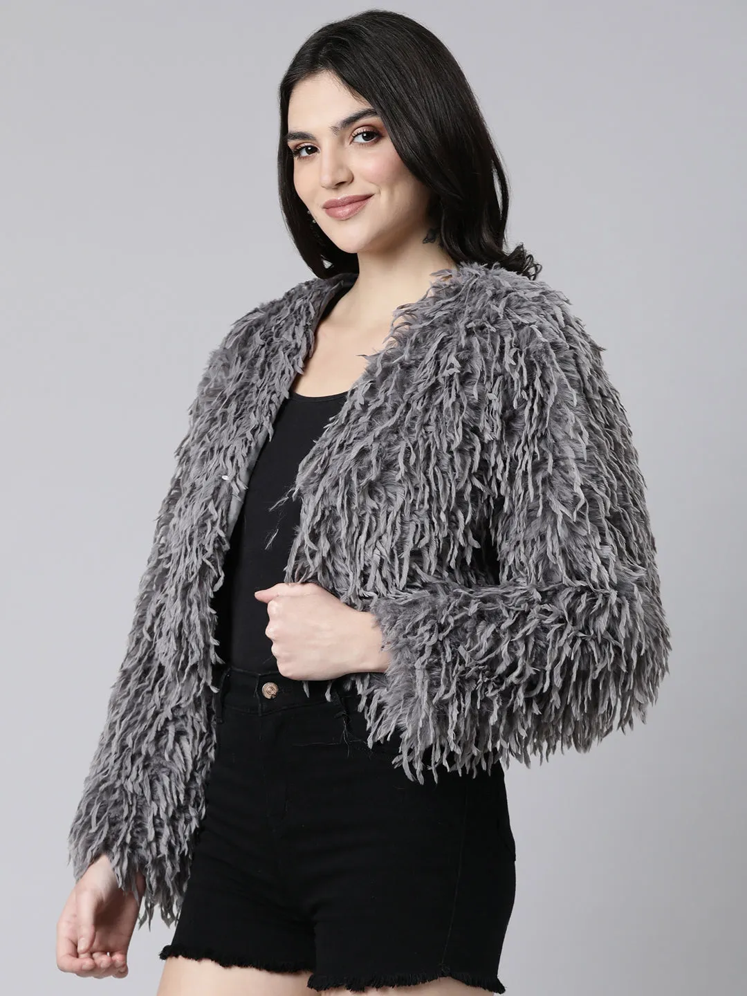 Women Solid Grey Crop Shrug